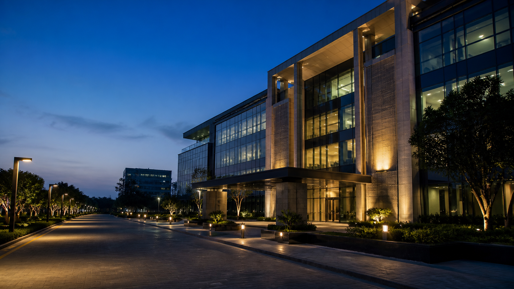 Contemporary corporate institution building at dusk