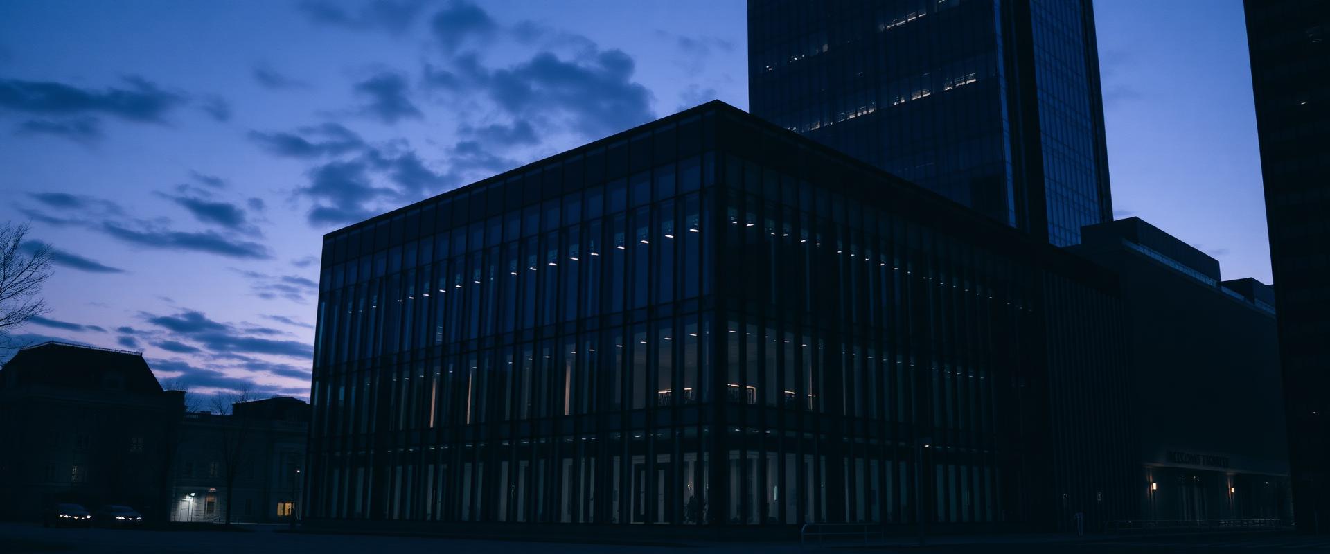 Modern courthouse at dusk