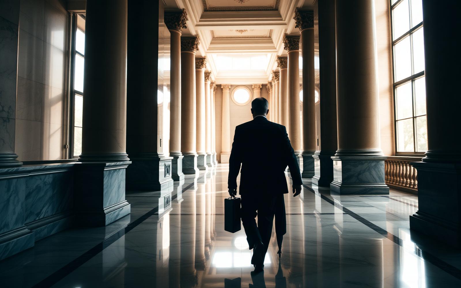 Counsel walking through a marble courthouse corridor